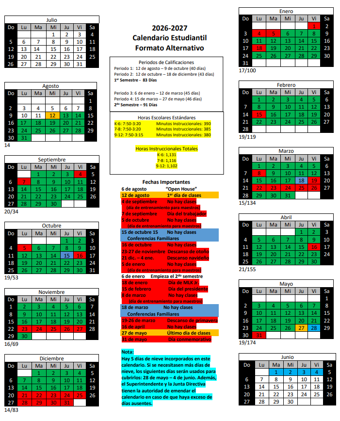 Student Calendar - Spanish Version